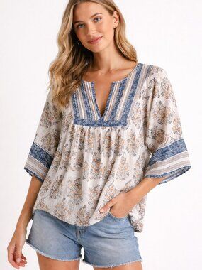 Lucky Brand Boho Floral Peasant Blouse Blue Orange Split Neck XL